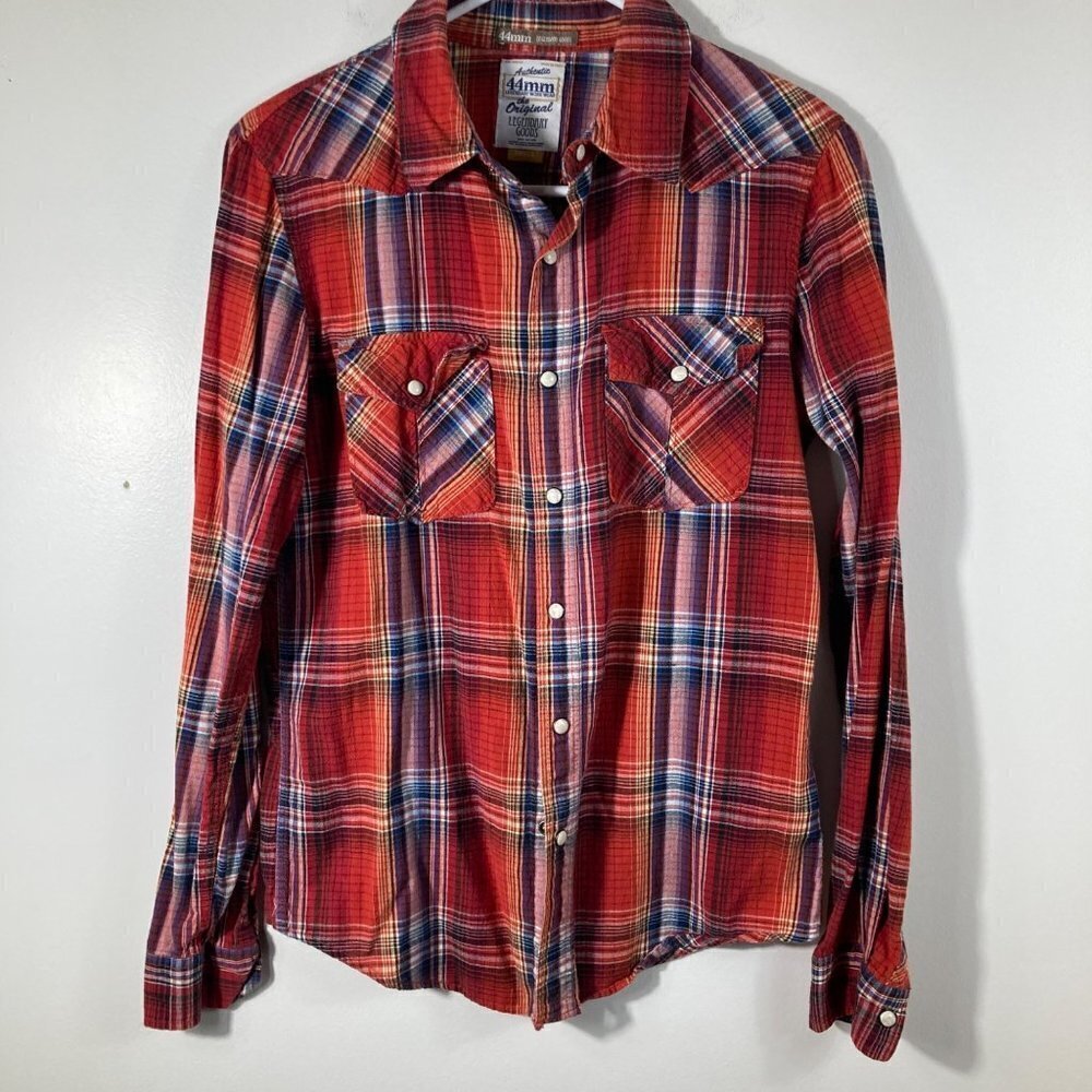 Mens 44mm Legendary Goods Western‎ Pearl Snap Red Plaid Shirt S